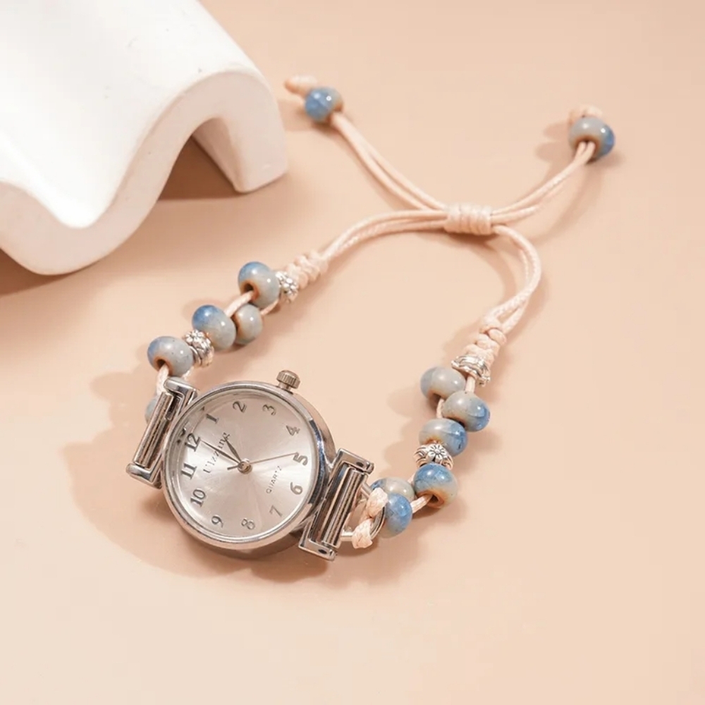 Ceramic Silver Dial Beaded Watch With Wax Rope